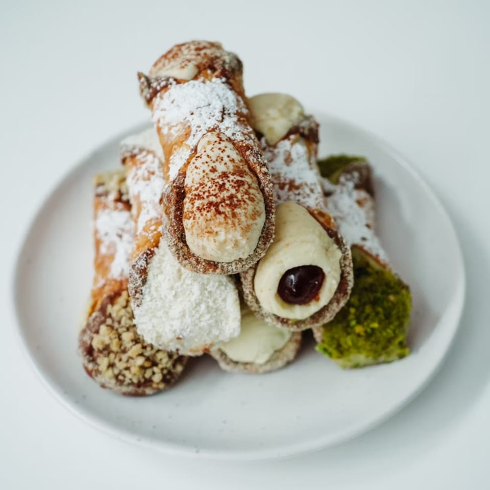 A plate of cannoli, some dusted with powdered sugar, cocoa, nuts, and pistachio.